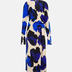 Dries Van Noten Silk Blend Floral Ruched Jacquard Midi Dress Blue Size 34 NWT